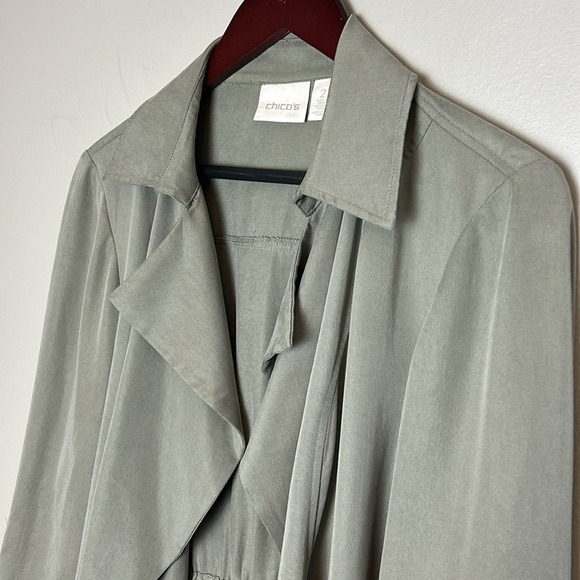 Chicos Ruffle Open Front Waterfall Duster Olive Green Jacket Chico’s Sz 2 Large - Picture 6 of 14